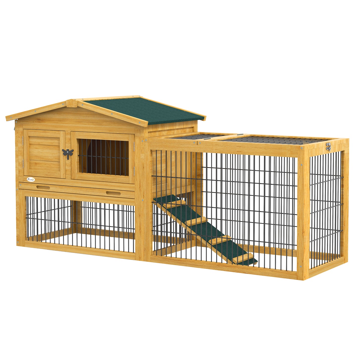 2 Levels Outdoor Rabbit Hutch with Openable Top 59inches Wooden Large Rabbit Cage with Run Weatherproof Roof Removable Tray Ramp Yellow