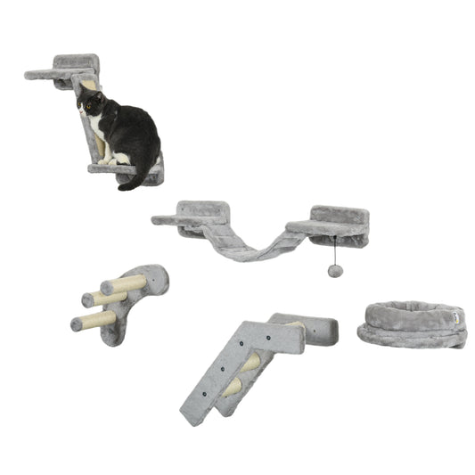 5PCs Cat Wall Shelves Cat Wall Furniture with Steps Perches Ladders Platforms Wall Mounted Cat Furniture with Soft Plush Sisal for Indoor Cats Gray