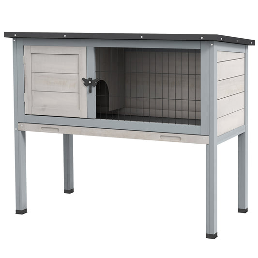 Elevated Wooden Rabbit Hutch Indoor/Outdoor Bunny Cage with Hinged Asphalt Roof and Removable Tray for Guinea Pig Gray