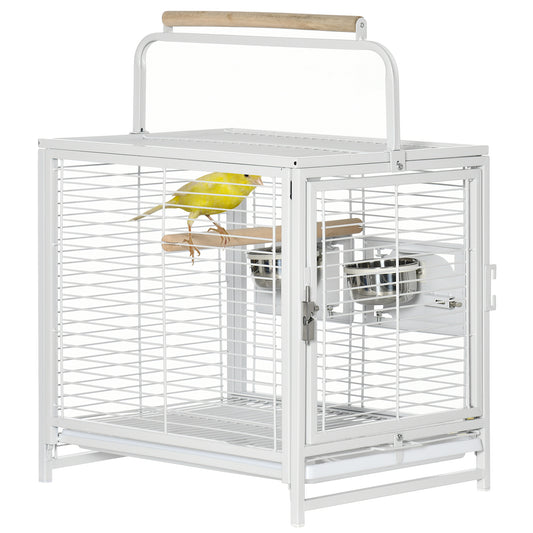 19inches Travel Bird Cage Parrot Carrier with Handle Wooden Perch for Cockatiels Conures White