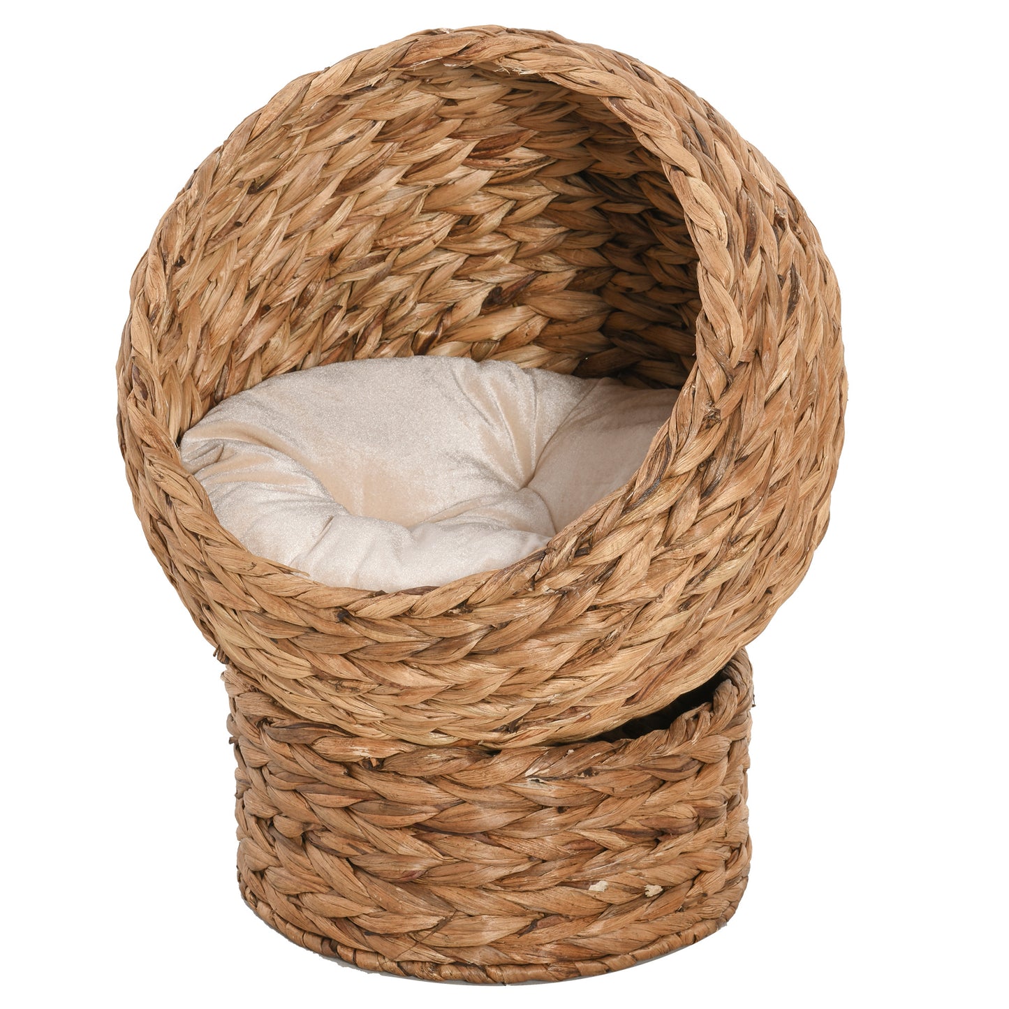 Handwoven Elevated Cat Bed with Soft Cushion & Cat Egg Chair Shape, Cat Basket Bed Kitty House with Stand, Raised Wicker Cat Bed for Indoor Cats, 23.5inches H, Brown