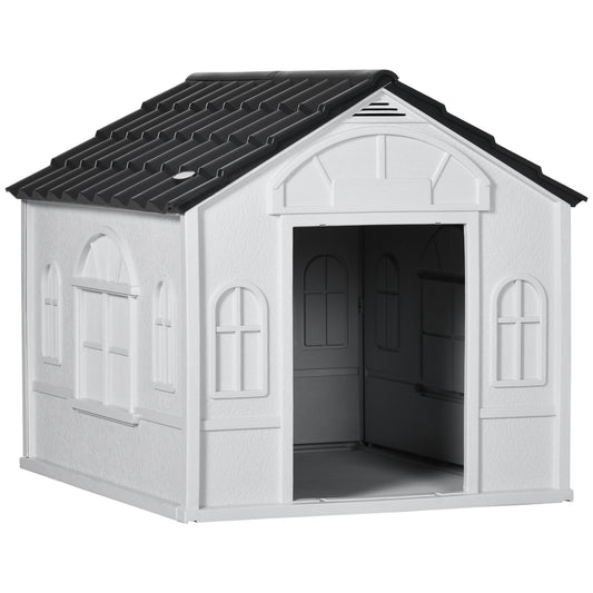 Plastic Dog House Water Resistant Puppy Shelter Indoor Outdoor with Door Easy to Assemble for Medium and Small Dogs Gray