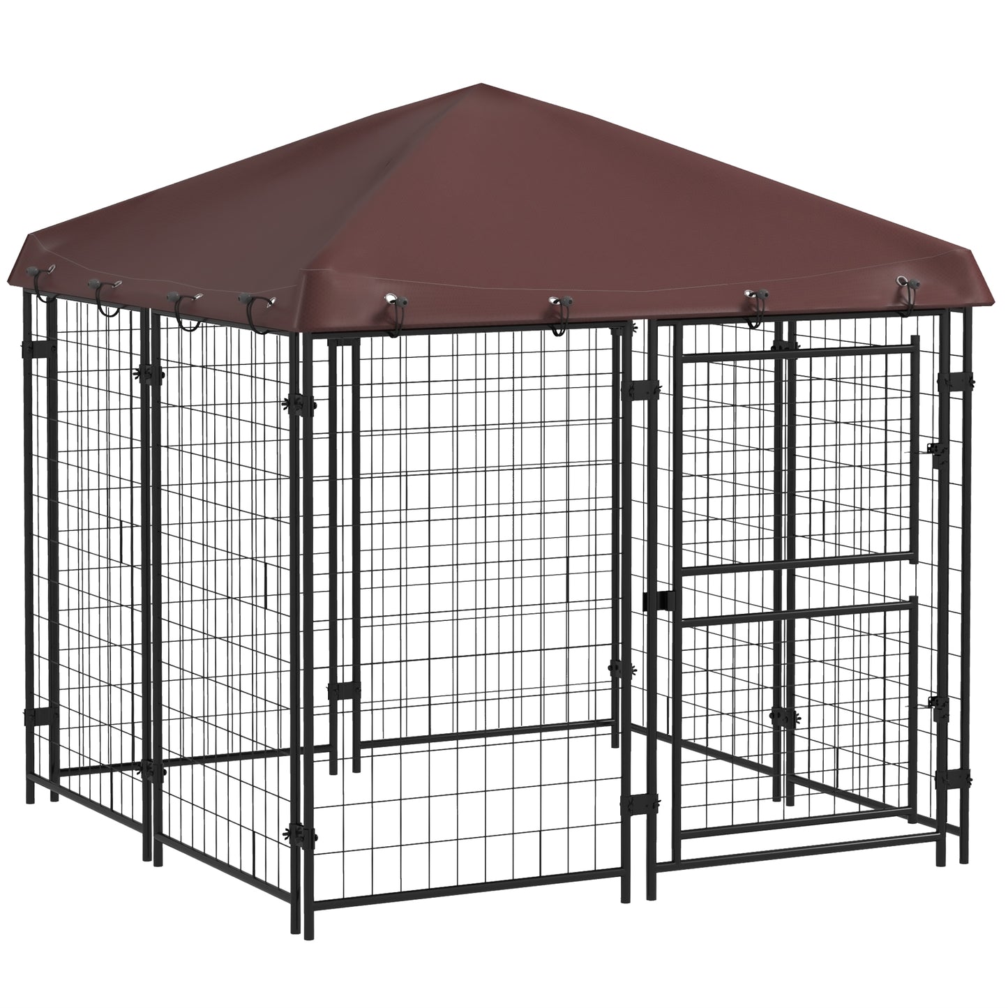 4.6' x 5' Dog Kennel Outdoor with Waterproof Cover, Dog Playpen for Small and Medium-Sized Dogs with Two Part Door Design, Brown