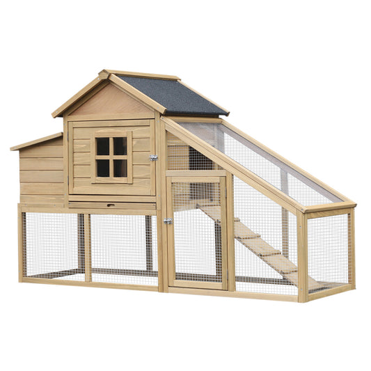 69inches Wooden Chicken Coop, Poultry Cage Hen House with Connecting Ramp, Removable Tray, Ventilated Window and Nesting Box, Natural