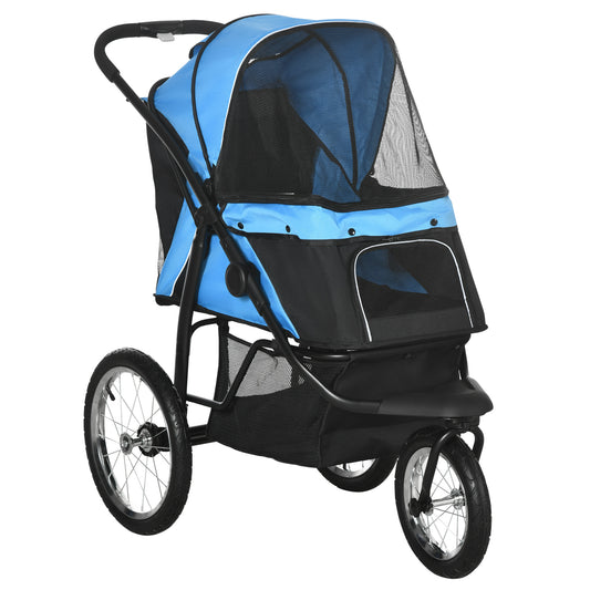 Pet Stroller for Small and Medium Dogs, 3 Big Wheels Foldable Cat Stroller with Adjustable Canopy, Safety Tether, Storage Basket, Blue