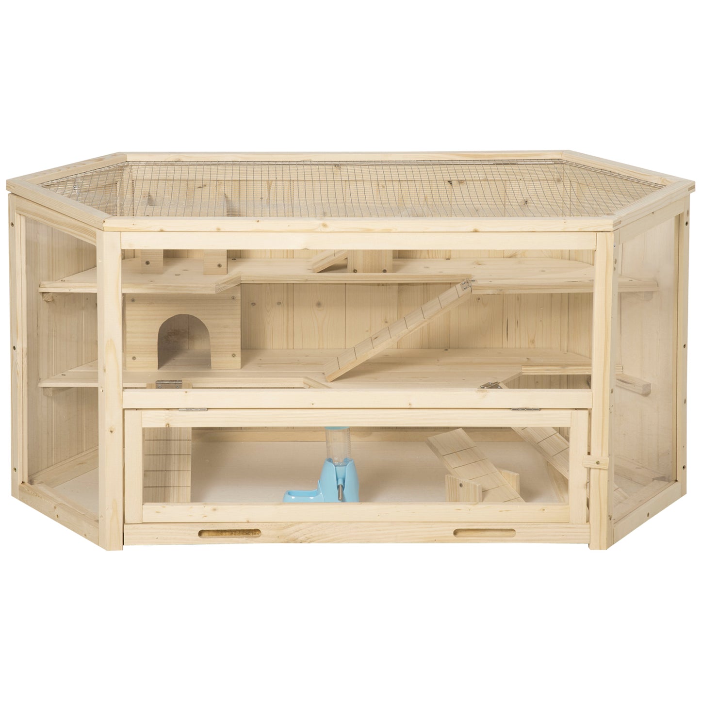 Wooden Large Hamster Cage Small Animal Exercise Play House 3 Tier with Tray Seesaws Water Bottle Activity Center Natural