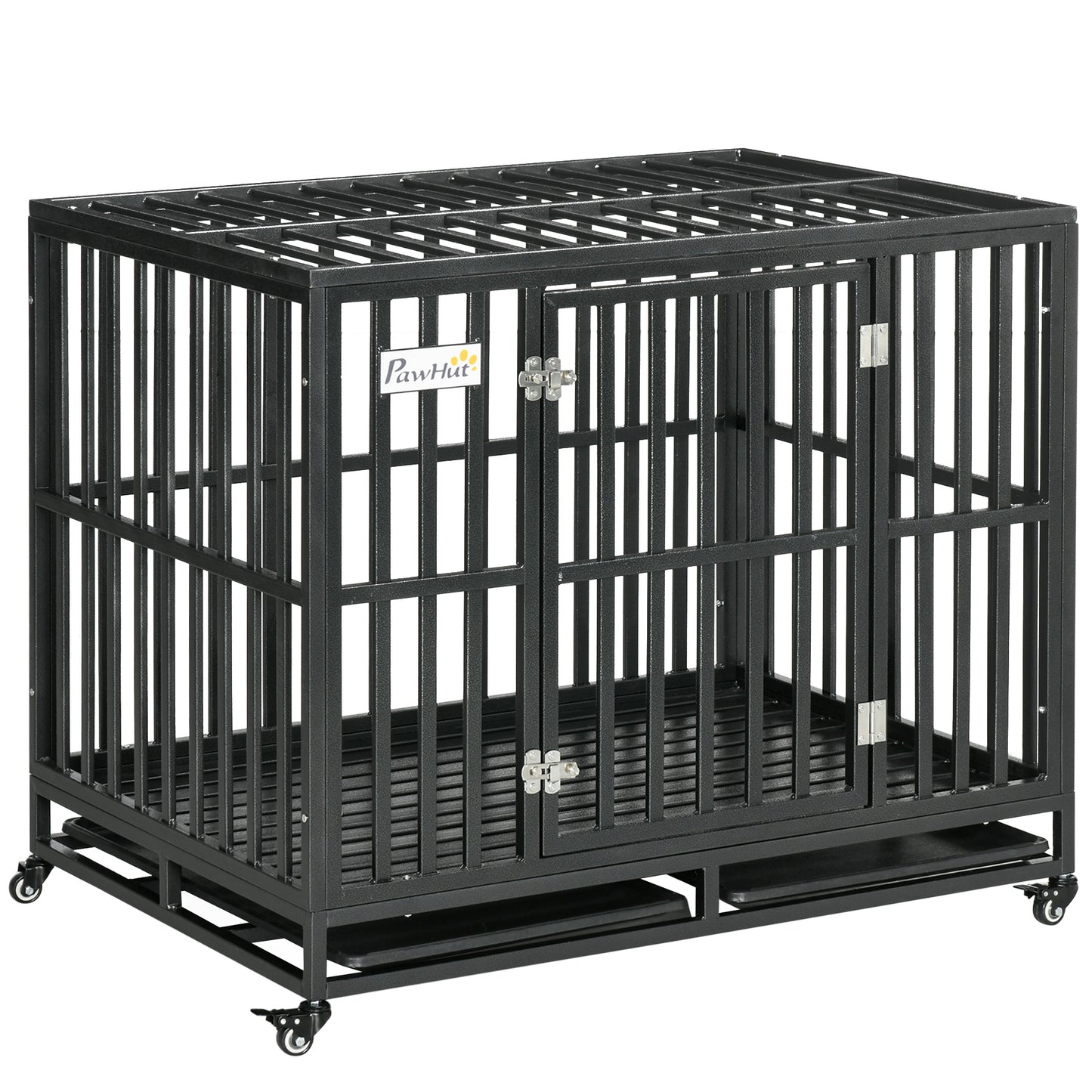 Heavy Duty Dog Crate Metal Kennel and Cage Dog Playpen with Lockable Wheels Slide-out Tray and Anti-Pinching Floor