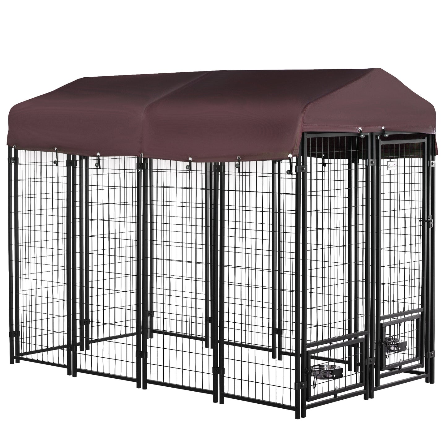 8' x 4' x 6' Outdoor Dog Kennel with Rotating Bowl Holders, Walk-in Pet Playpen, Welded Wire Steel with Water and UV-Resistant Canopy, Red