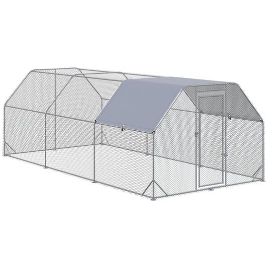 Large Chicken Coop Metal Chicken Run with Waterproof and Anti-UV Cover, Flat Shaped Walk in Fence Cage Hen House for Outdoor and Yard Farm Use, 1inches Tube Diameter, 9.2' x 18.7' x 6.4'