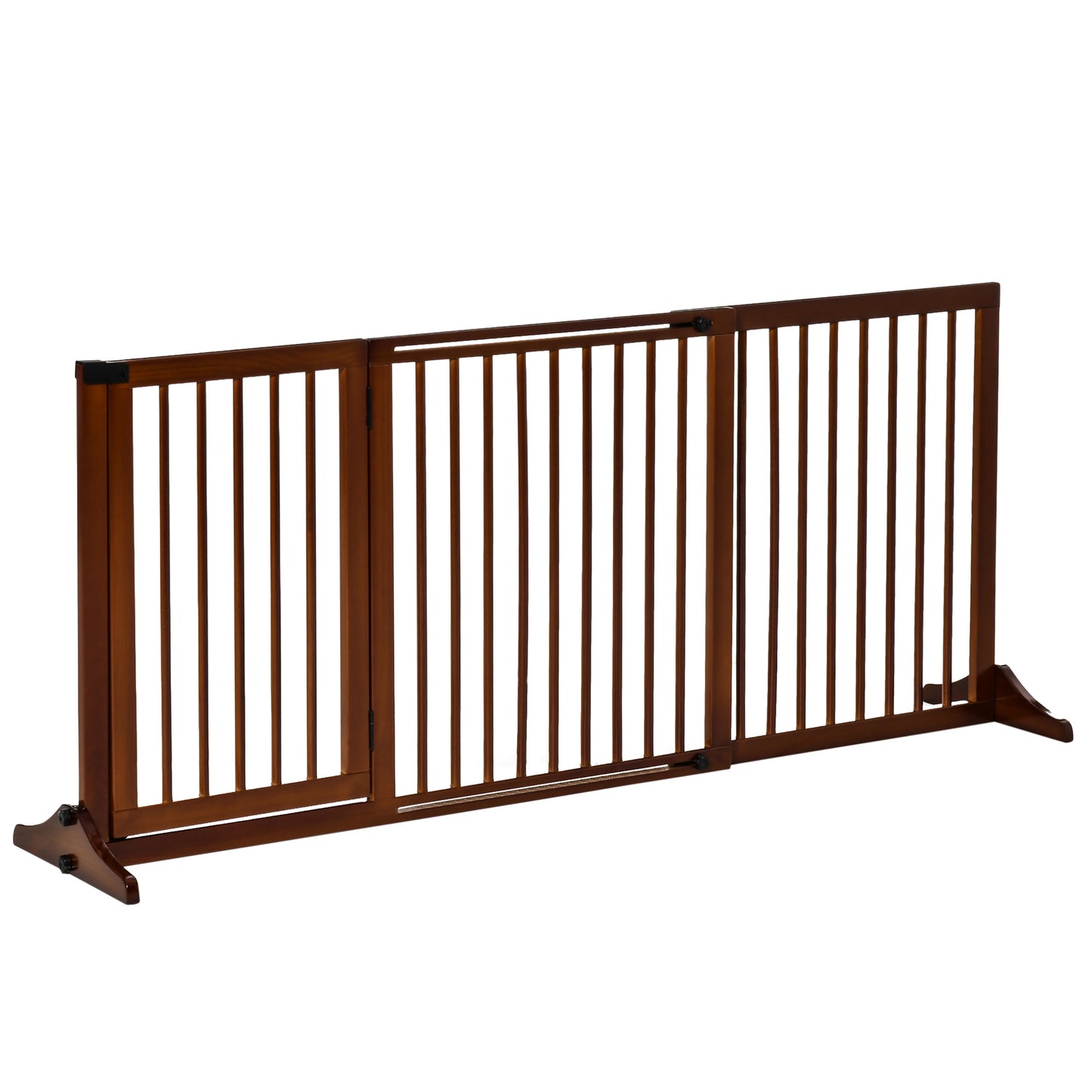 Adjustable Wooden Pet Gate, Freestanding Dog Fence for Doorway, Hall, 3 Panels w/ Safety Barrier, Lockable Door, Brown, 44.5inches-65.25inches L x 14.25inches H