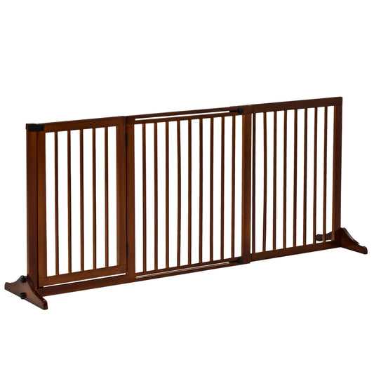 Adjustable Wooden Pet Gate, Freestanding Dog Fence for Doorway, Hall, 3 Panels w/ Safety Barrier, Lockable Door, Brown, 44.5inches-65.25inches L x 14.25inches H