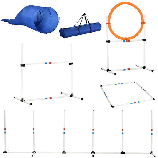 Dog Agility Equipments 5 Pieces Obstacle Courses Training Starter Kit Pet Outdoor Games of Tunnel Dog Jump Hoop Weave Poles Pause Box and Easy Carry Case