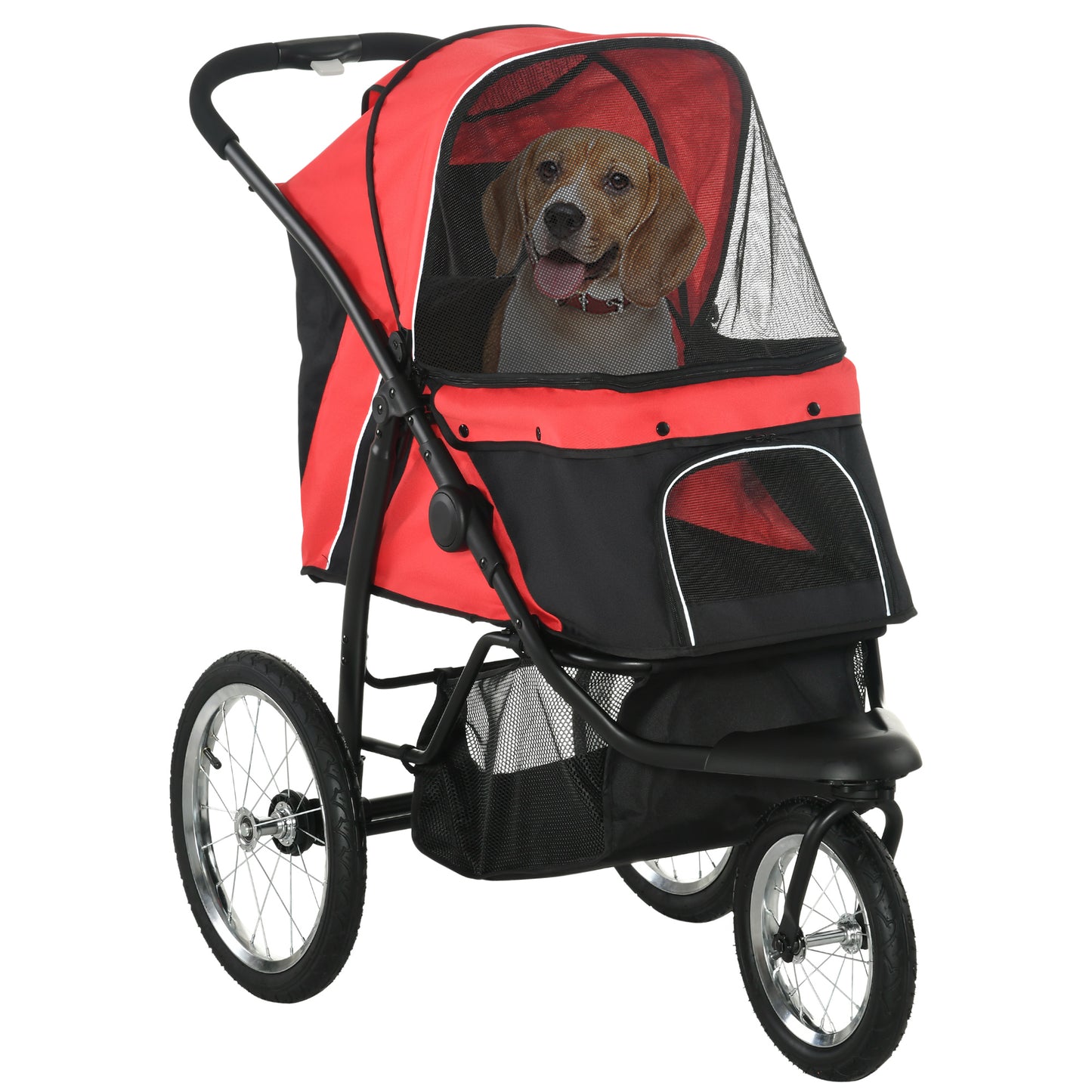 Pet Stroller for Small and Medium Dogs, 3 Big Wheels Foldable Cat Stroller with Adjustable Canopy, Safety Tether, Storage Basket, Red