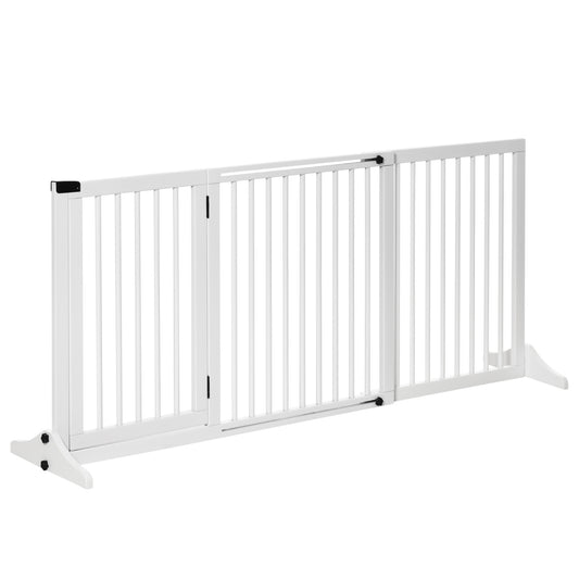 Adjustable Wooden Pet Gate Freestanding Dog Fence for Doorway Hall 3 Panels w/ Safety Barrier Lockable Door White 44.5inches-65.25inches L x 14.25inches H