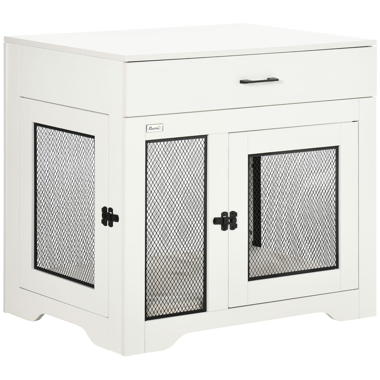 Dog Crate Furniture with Soft Water-Resistant Cushion, Dog Crate End Table with Drawer, Puppy Crate for Small Dogs Indoor with 2 Doors, White