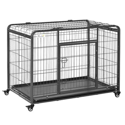 Folding Design Heavy Duty Metal Dog Cage Crate & Kennel with Removable Tray and Cover & 4 Locking Wheels Indoor/Outdoor 43inches