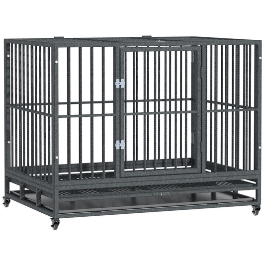 43inches Heavy Duty Dog Crate Metal Cage Kennel with Lockable Wheels Double Door and Removable Tray Grey