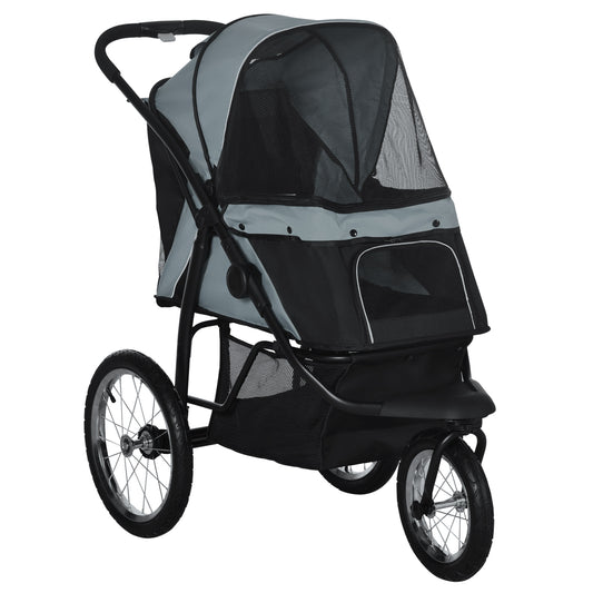 Pet Stroller for Small and Medium Dogs, 3 Big Wheels Foldable Cat Stroller with Adjustable Canopy, Safety Tether, Storage Basket, Gray