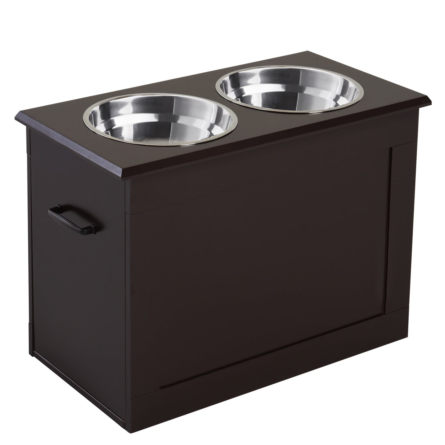 Raised Pet Feeding Storage Station with 2 Stainless Steel Bowls Base for Large Dogs and Other Large Pets Dark Brown