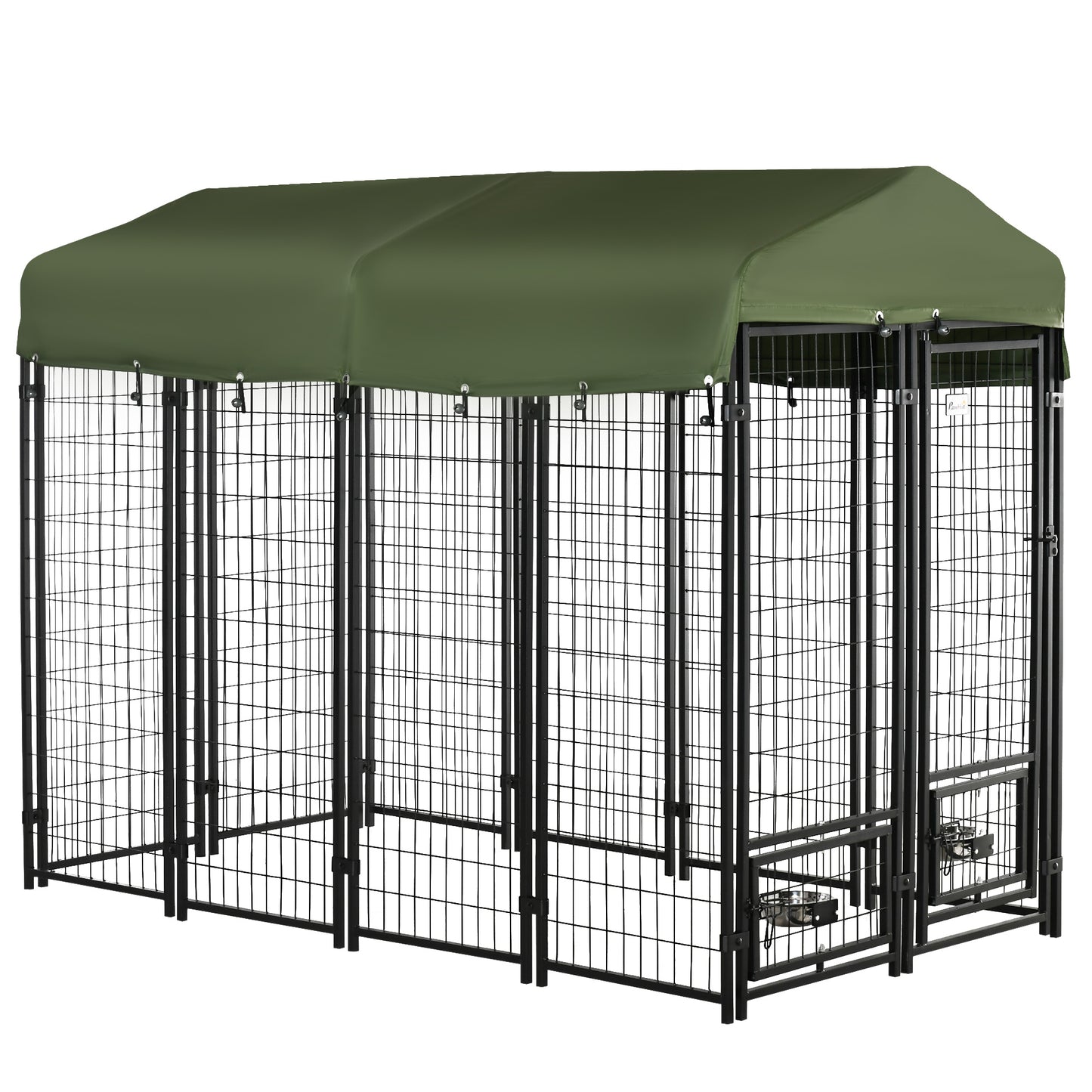 8ft x 4ft x 6ft Dog Kennel Outdoor with Rotating Bowl Holders Walk-in Pet Playpen Welded Wire Steel Dog Fence with Water-and UV-Resistant Canopy Green