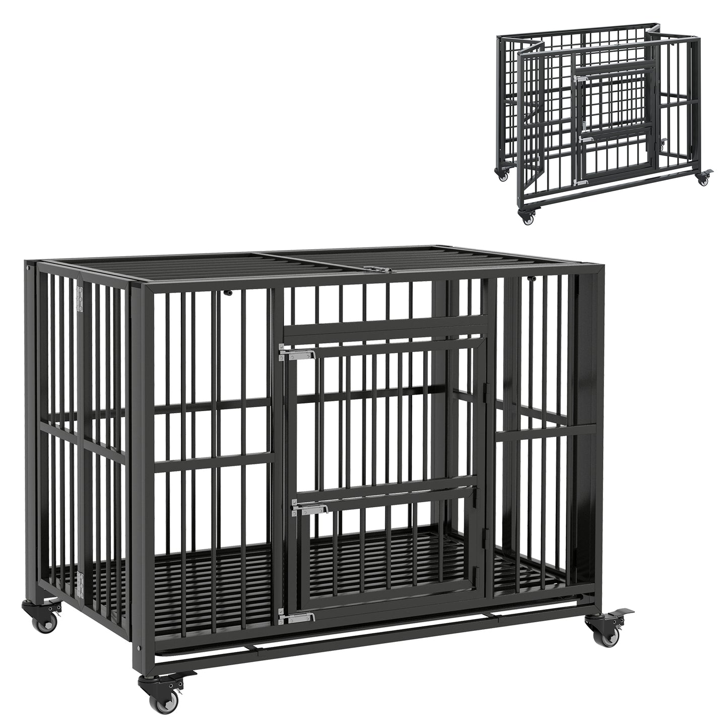 43inches Heavy Duty Dog Crate Strong Steel Foldable Large Dog Crate with 4 Lockable Wheels Double Doors Openable Top and Removable Trays for Medium and Large Dogs Black