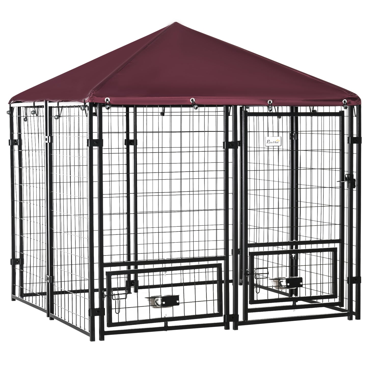 5' x 5' x 5' Dog Kennel Outdoor with Rotating Bowl Holders, Walk-in Pet Playpen, Welded Wire Steel Dog Fence with Water-and UV-Resistant Canopy, Black and Red