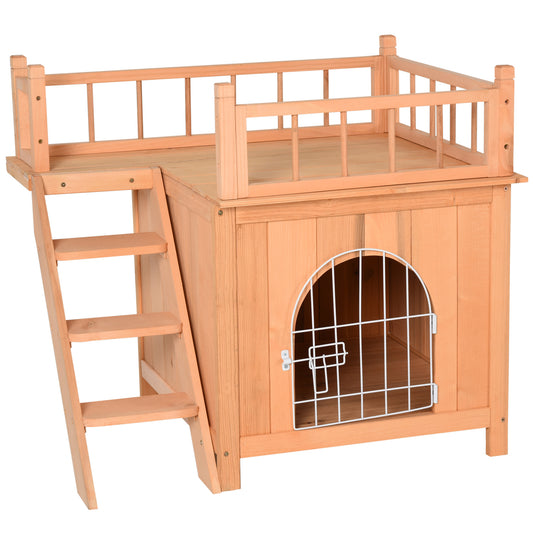 2-Level Wooden Cat House Outdoor Dog Shelter Cat Condo with Lockable Wire Door and Balcony Natural Wood