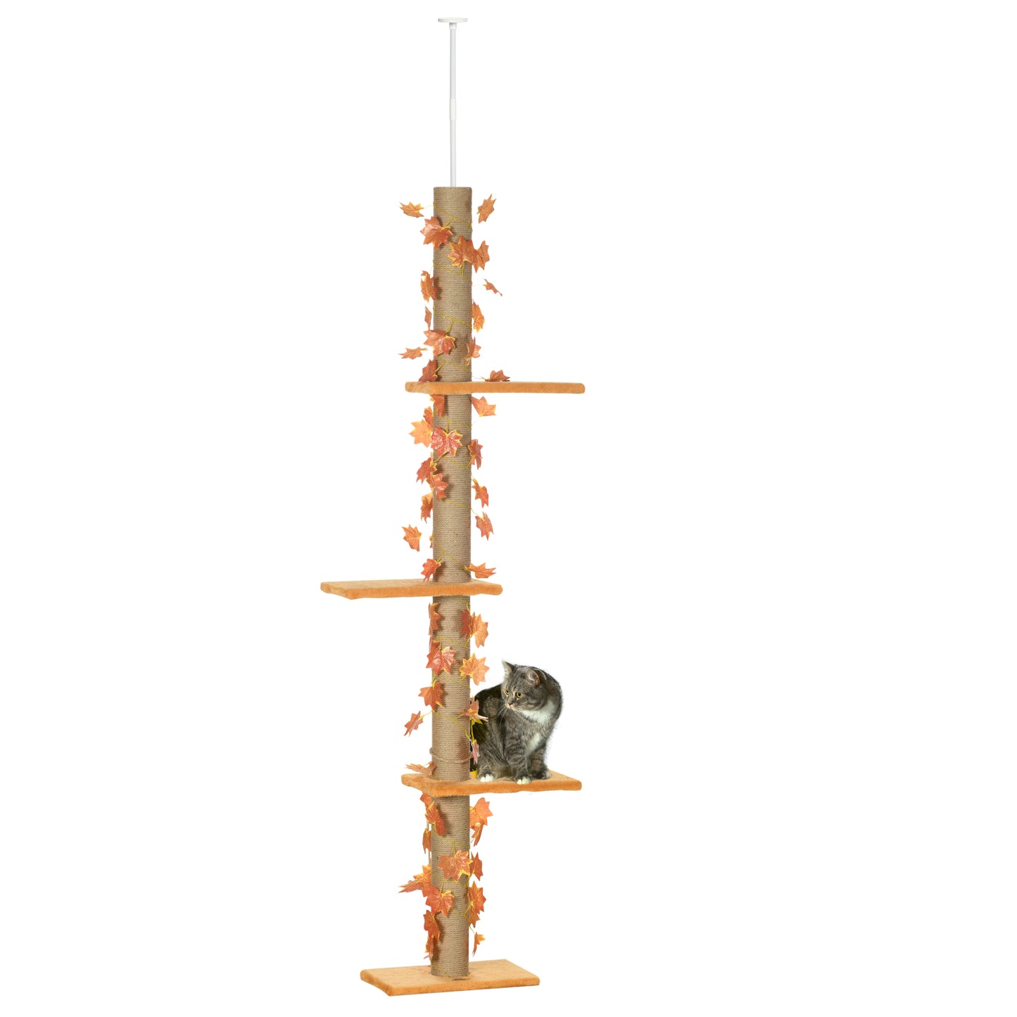 Floor to Ceiling Cat Tree, 80inches - 95inches Adjustable Tall Cat Tower, 3-Level Cat Climbing Towe  for Indoor Cats with Sisal Scratching Post, Platforms, Leaves, Orange