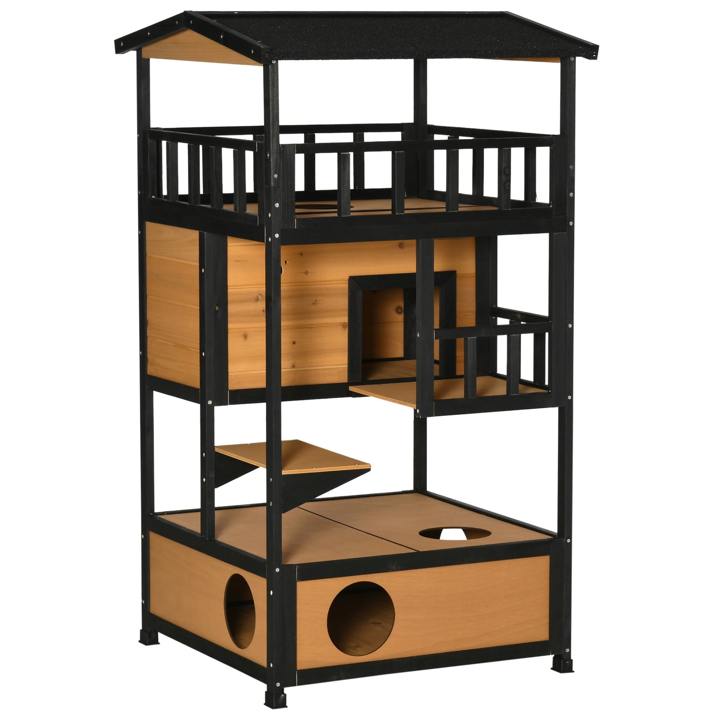 Wooden Outdoor Cat House Feral Cat Shelter Kitten Tree with Asphalt Roof Escape Doors Condo Jumping Platform Yellow