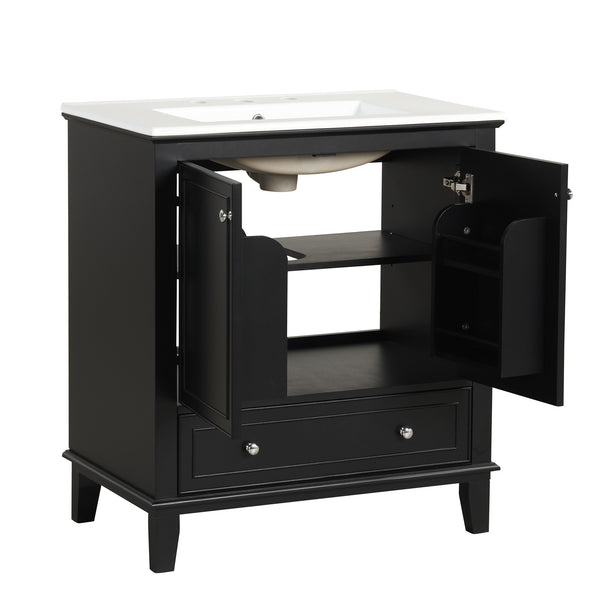30" Bathroom Vanity with Sink Combo, Multi-functional Bathroom Cabinet with Doors and Drawer, Solid Wood and MDF Board, Black