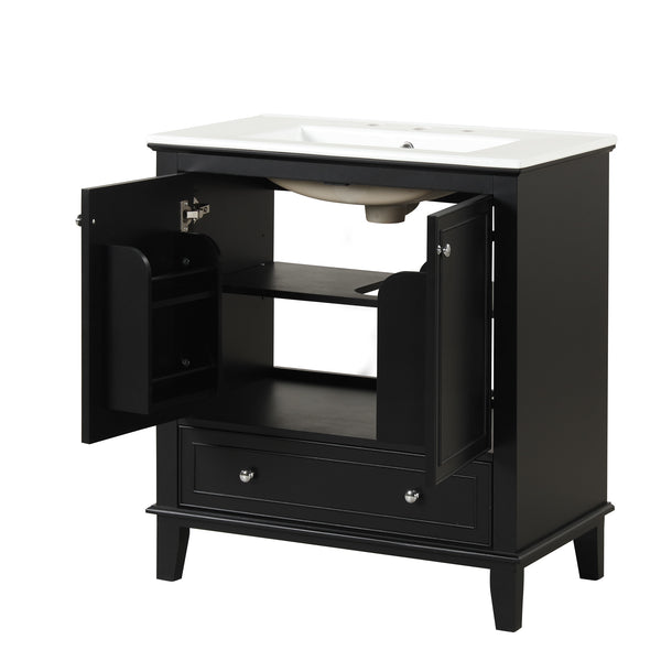 30" Bathroom Vanity with Sink Combo, Multi-functional Bathroom Cabinet with Doors and Drawer, Solid Wood and MDF Board, Black