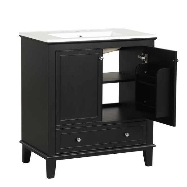 30" Bathroom Vanity with Sink Combo, Multi-functional Bathroom Cabinet with Doors and Drawer, Solid Wood and MDF Board, Black