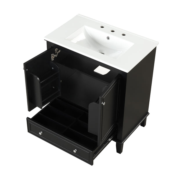 30" Bathroom Vanity with Sink Combo, Multi-functional Bathroom Cabinet with Doors and Drawer, Solid Wood and MDF Board, Black
