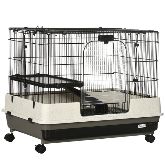 26inches Small Animal Cage with Wheels 2-Level Portable Bunny Cage Chinchilla Ferret Cage with Removable Tray Platform and Ramp