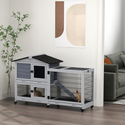 Rabbit Hutch 2-Story Bunny Cage Small Animal House with Slide Out Tray Wheels for Indoor Outdoor 59.8inches x 20.9inches x 39.2inches Gray