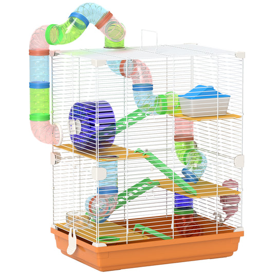 18inches 5 Tier Hamster Cage with Tubes and Tunnels Small Animal Cage with Portable Carry Handle Gerbil Cage with Water Bottle Food Dish Exercise Wheel Orange