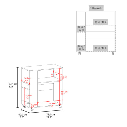 Dimakai White MDF Base with MDF Laminate Top Rolling Kitchen Island