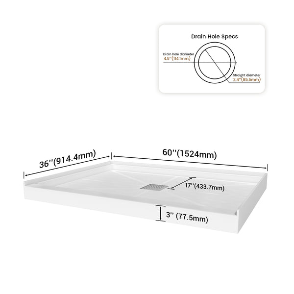 48 in. x 36 in / 60 in x 30 in Composite Alcove Shower Pan Base with Stainless Steel Cover and Center Drain in White