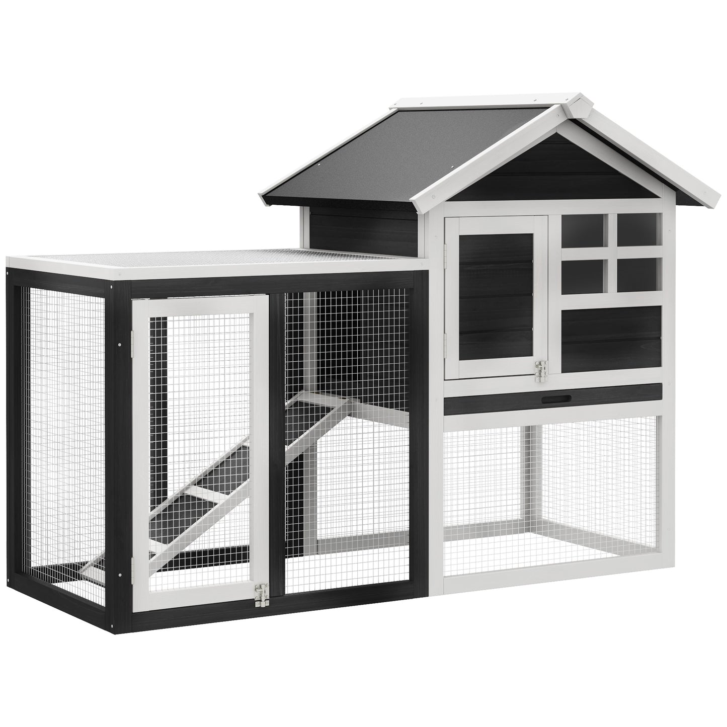 48inches Wooden Rabbit Hutch Bunny Cage with Waterproof Asphalt Roof, Fun Outdoor Run, Removable Tray and Ramp, Grey