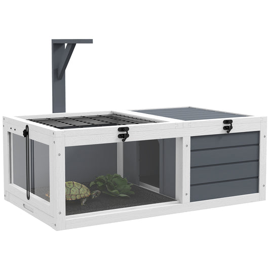 Tortoise Habitat Wooden Tortoise House Indoor Outdoor Tortoise Enclosure with Lamp Holder Pull-out Waterproof Trays Openable Lids Gray