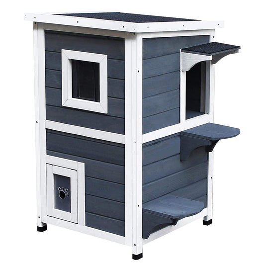 Outdoor Cat House with Escape Door, Weatherproof 2-Story Wooden Feral Cat Shelter with Opening Asphalt Roof, Dark Gray