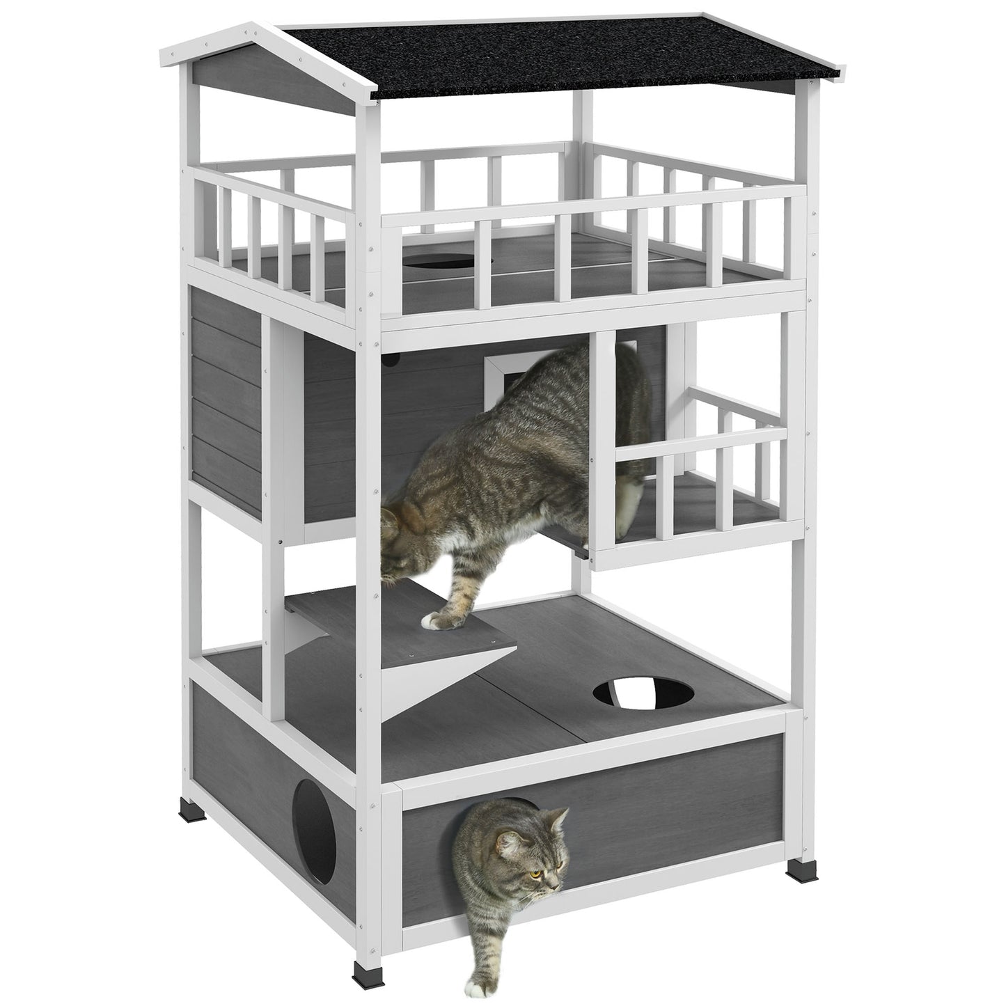 Wooden Outdoor Cat House Feral Cat Shelter Kitten Condo with Asphalt Roof Escape Doors Condo Jumping Platform Light Gray