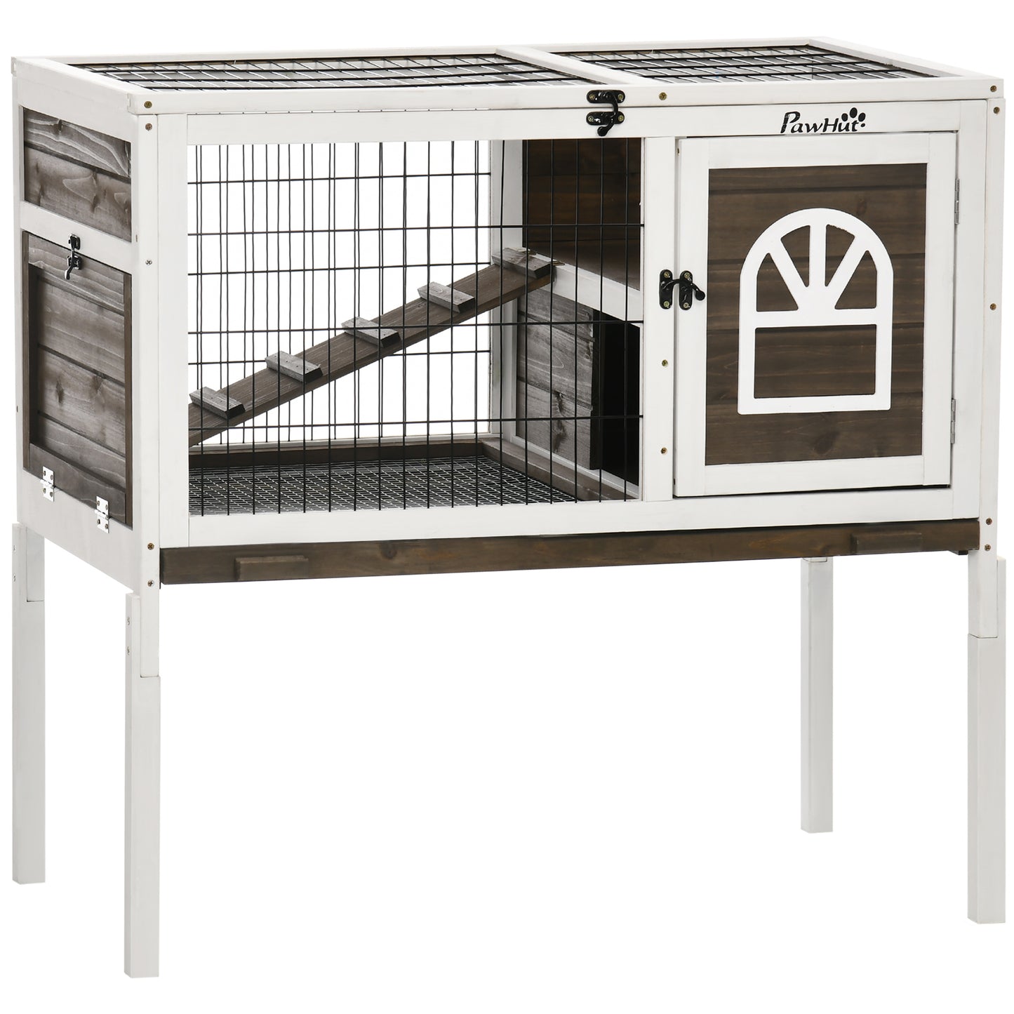 Wooden Rabbit Hutch Indoor Elevated Guinea Pig Cage with Run Ladder Lockable Doors and Removable Tray Coffee