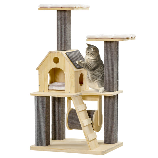 Cozy-House Cat Tree for Indoor Cats with Pillow-Covered Perches Spinning Toy Modern Climbing Activity Cat Tower with Scratching Posts Cat Condo Ladder Natural