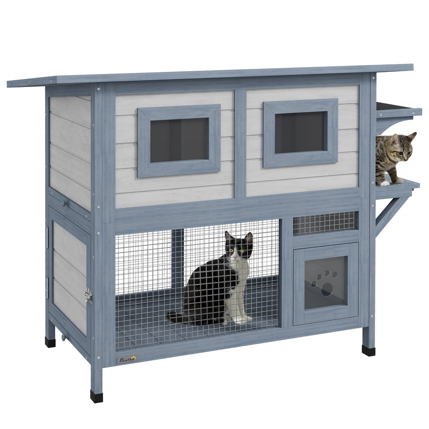 Outdoor Cat House 2 Tier Weatherproof Feral Cat Shelter with Escape Door Asphalt Roof Jump Platform Large Wooden Cat House for Outside Backyard Light Gray