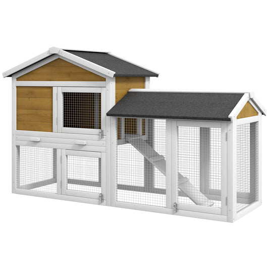 58inches Rabbit Hutch, Wooden Bunny Hutch, Guinea Pig Cage, Small Animal Enclosure with Run Area, Removable Tray, Asphalt Roof, Lockable Doors and Ramp, Nature Wood