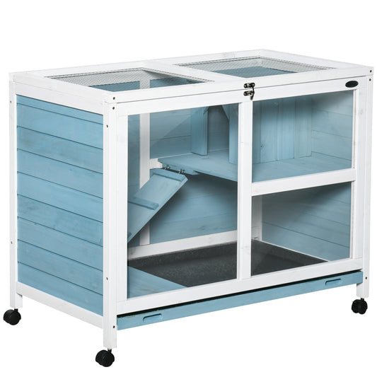 Indoor Rabbit Hutch with Wheels, Desk and Side Table Sized, Wood Rabbit Cage, Waterproof Small Rabbit Cage, Light Blue