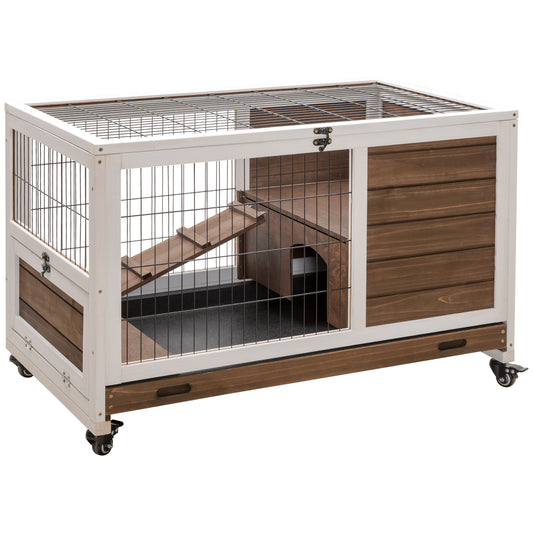 Wooden Rabbit Hutch Indoor Outdoor Elevated Bunny Cage with No Leak Tray Enclosed Run with Wheels Ideal for Guinea Pigs and Small Animals Brown