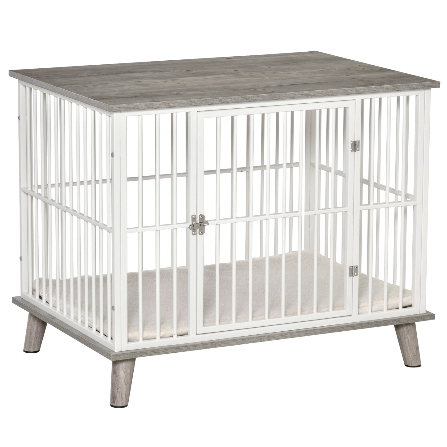 Dog Crate Furniture Wooden End Table with Cushion & Lockable Door Medium Size Pet Crate Indoor Puppy Cage Grey