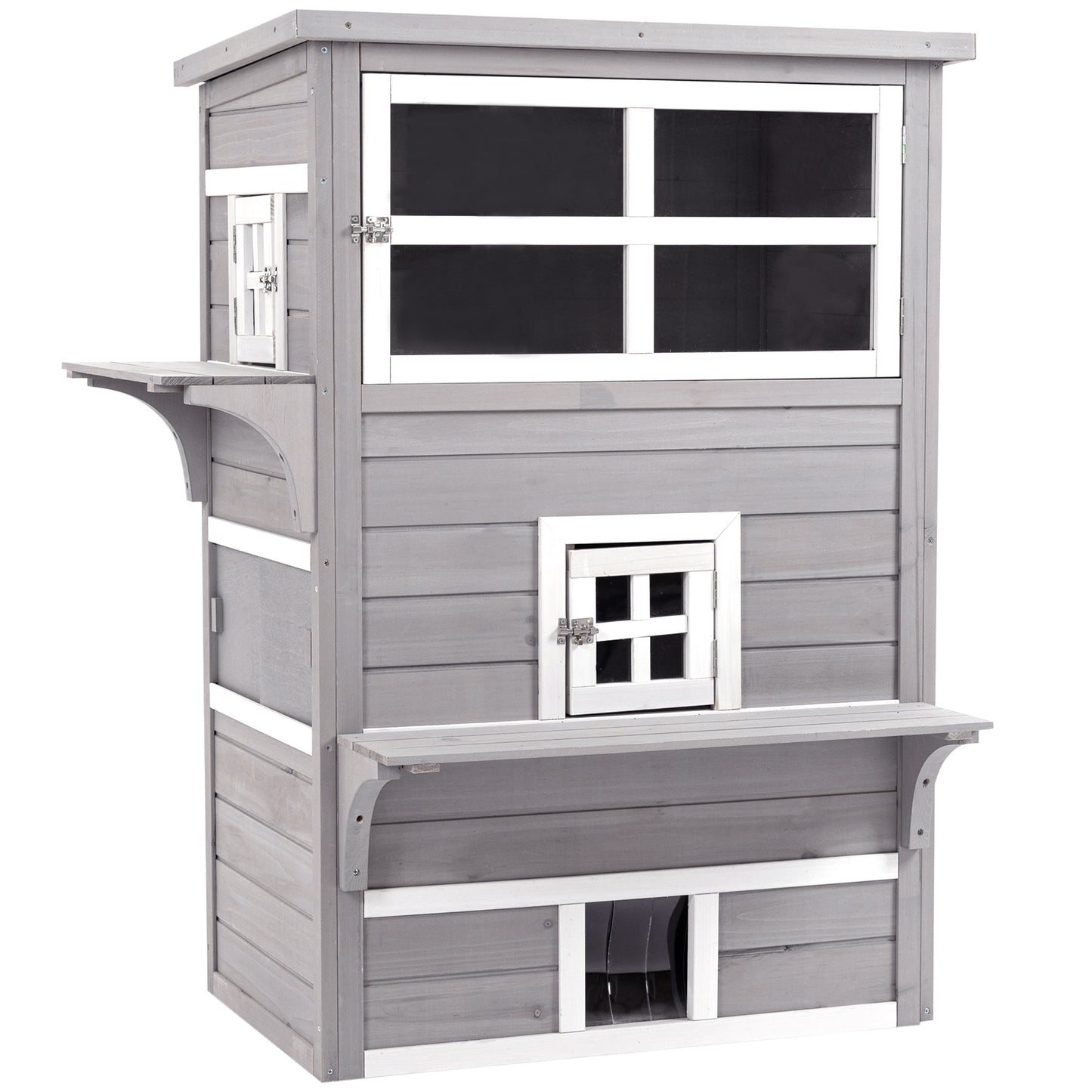 3-Story Cat House Feral Cat Shelter Outdoor Kitten Condo with Raised Floor Asphalt Roof Escape Doors Jumping Platforms Grey